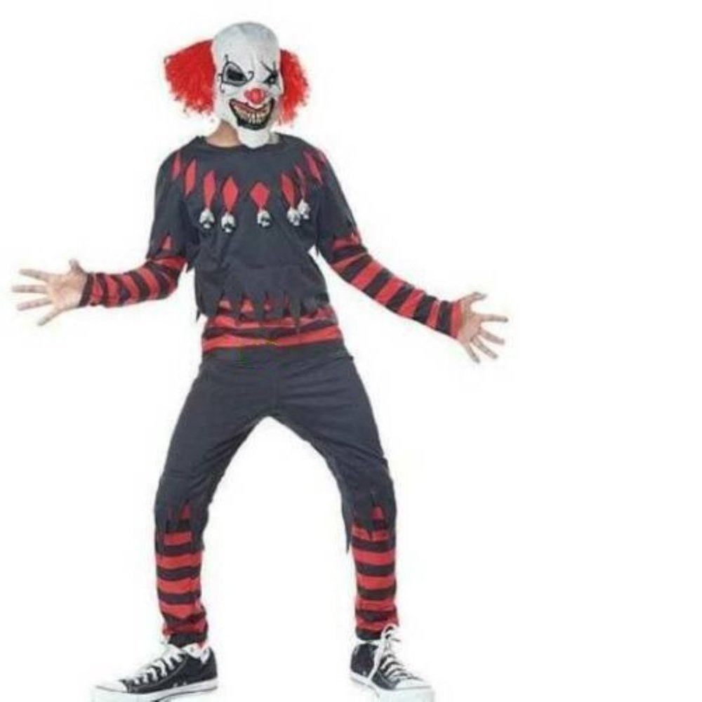 Creepy Clown Halloween Costume 8/10 Black Red Shirt, Pants, Mask 4 Pc Boys